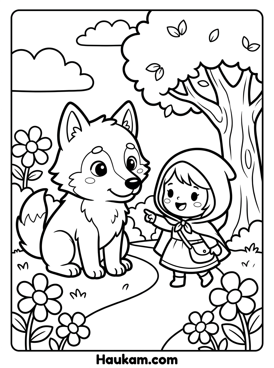 Rotkäppchen Ausmalbilder zum Ausdrucken – Für Kinder 2 Rotkäppchen Ausmalbilder – Begegnung mit dem freundlichen Wolf im Wald