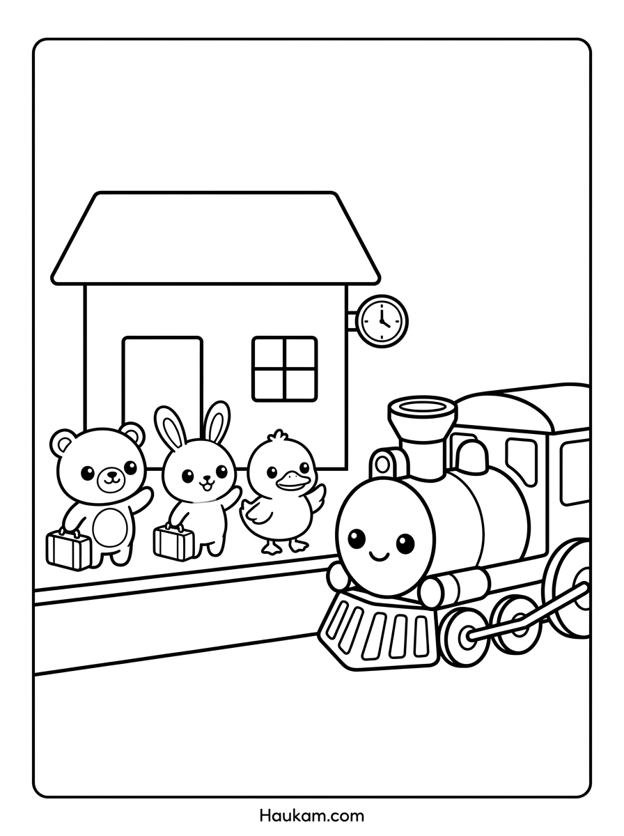 Eisenbahn Ausmalbilder zum Ausdrucken – Dampflok, Bahnhof & mehr 3 Eisenbahn Ausmalbilder für Kindergartenkinder – Tiere warten am Bahnhof auf ihren Zug, Malvorlage