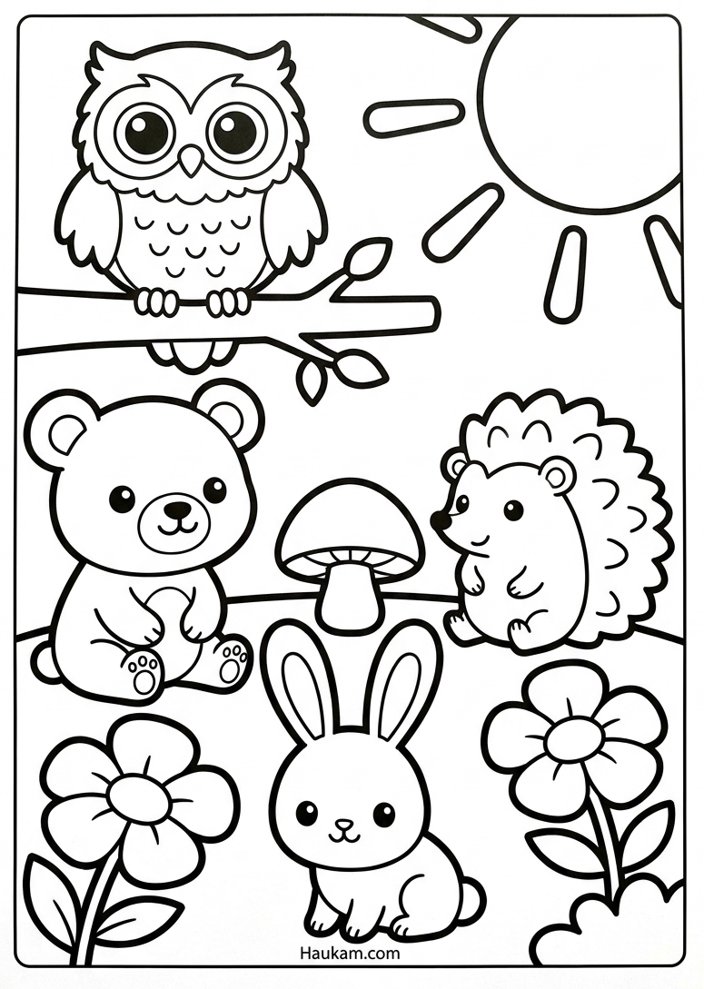 Camping Ausmalbilder: 5 süße Malvorlagen zum Ausdrucken 3 Ausmalbild Waldtiere: Bär, Igel, Eule und Hase auf einer Lichtung mit Pilz und Blumen, Umrisszeichnung für Kinder