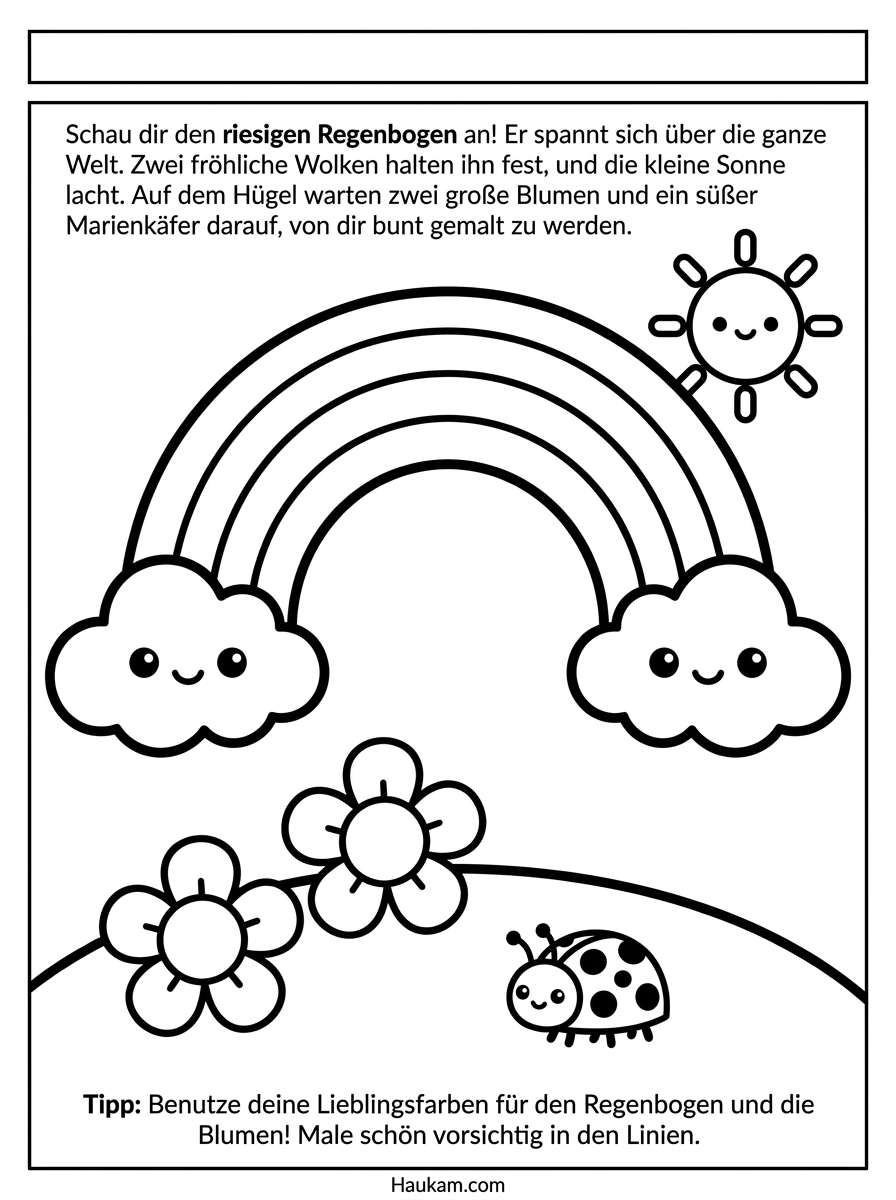 Wetter Ausmalbilder für Kinder: 5 Malvorlagen zum Ausdrucken 3 Malvorlage Regenbogen mit vier breiten Streifen, lächelnden Wolken, Sonne und Marienkäfer für Kinder