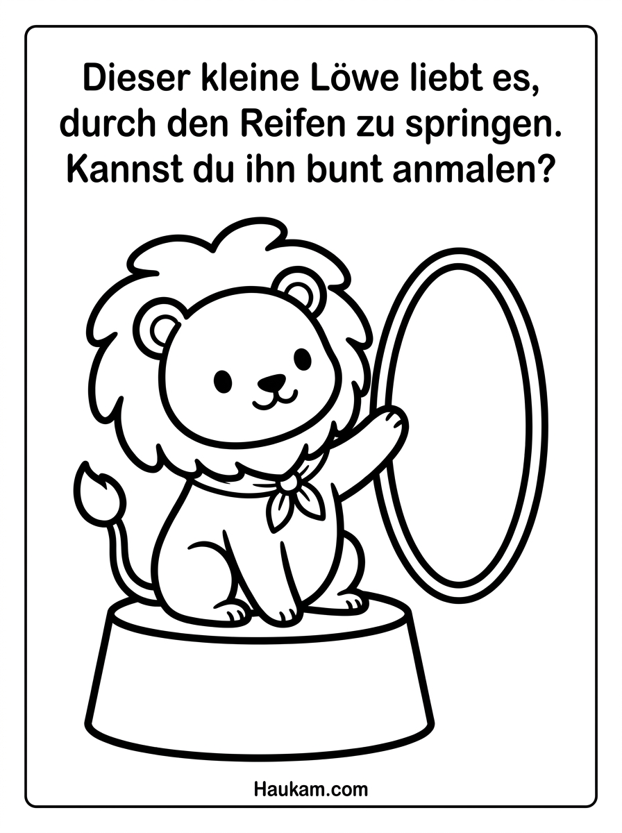 Ausmalbilder Zirkus für Kinder: 5 Kostenlose Malvorlagen 3 Ausmalbild freundlicher Zirkuslöwe mit Reifen, kindgerechte Malvorlage mit dicken Konturlinien