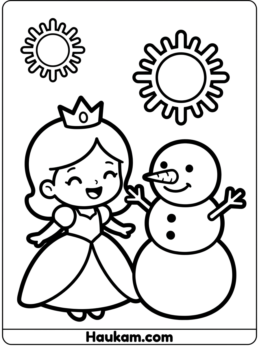 Eisprinzessin Ausmalbilder zum Ausdrucken (Gratis) 3 Eisprinzessin Ausmalbilder mit Prinzessin und lächelndem Schneemann, freundliche Malvorlage für kleine Kinder