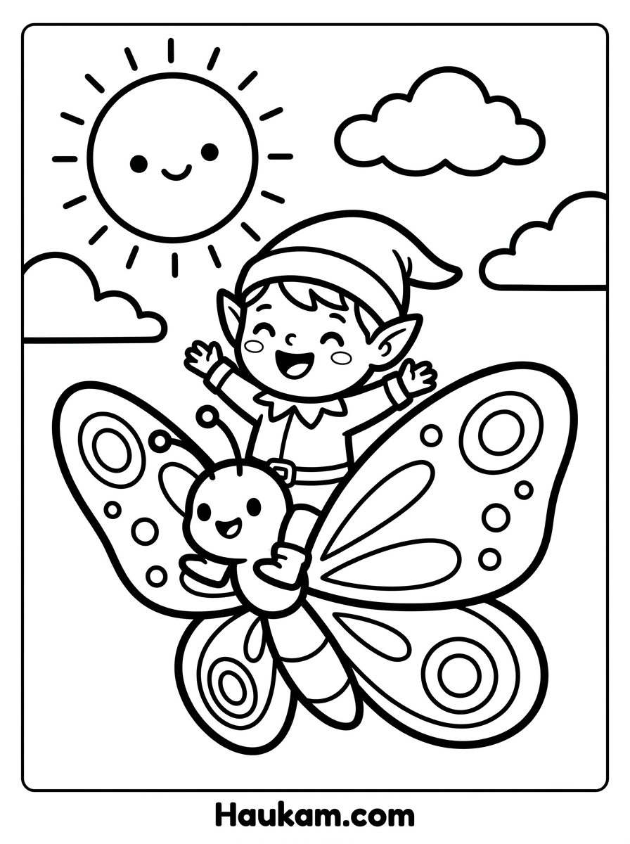 Elfen Ausmalbilder: 5 Magische Malvorlagen für Kinder 3 Elfen Ausmalbilder Ein kleiner Elf mit ausgebreiteten Armen reitet auf dem Rücken eines großen, fliegenden Schmetterlings.