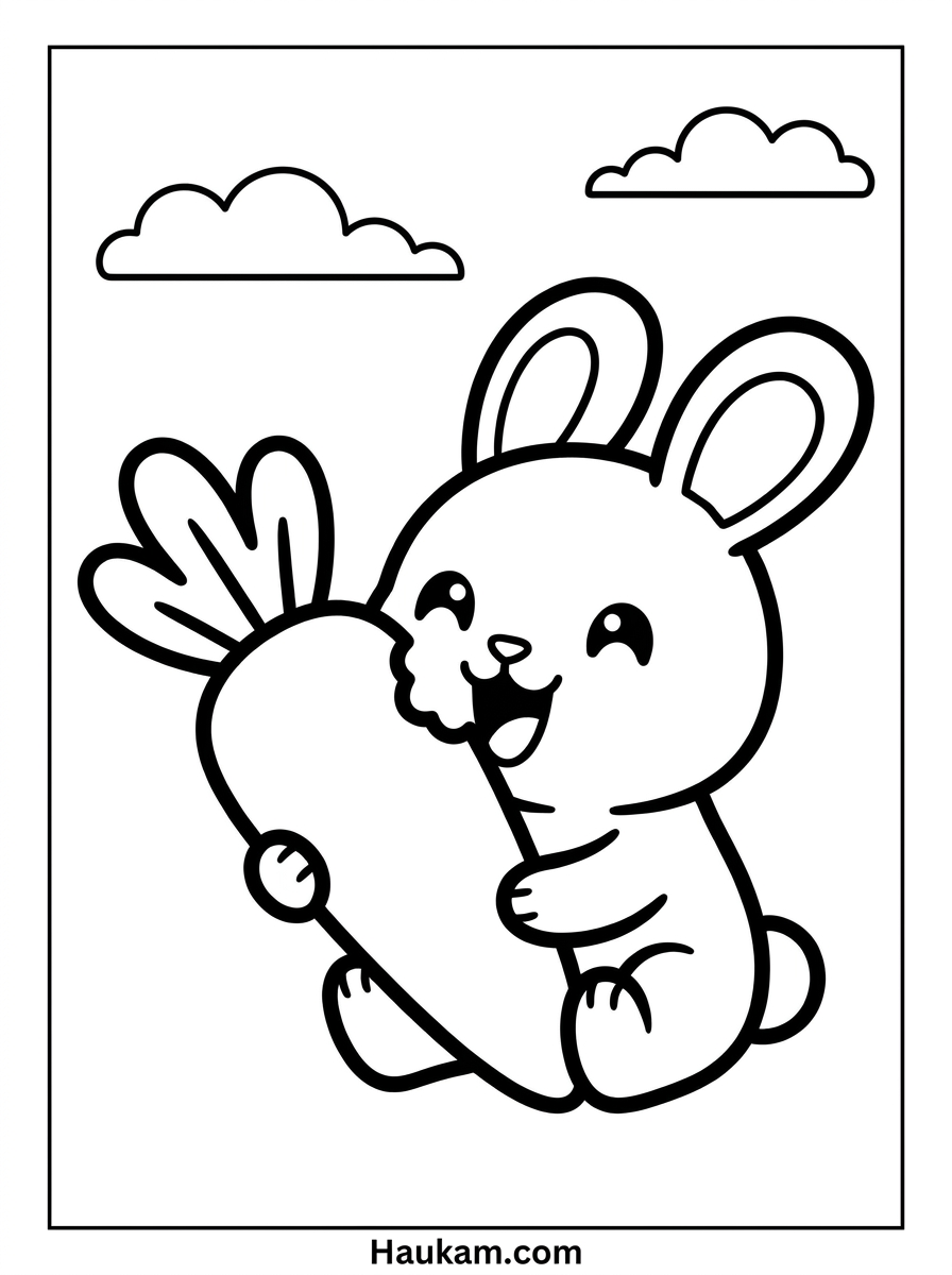 Kaninchen Ausmalbilder zum Ausdrucken (Chibi-Stil) 3 Kaninchen Ausmalbilder mit Karotte – niedliches Häschen beißt genüsslich in eine große Karotte, Malvorlage für Kinder