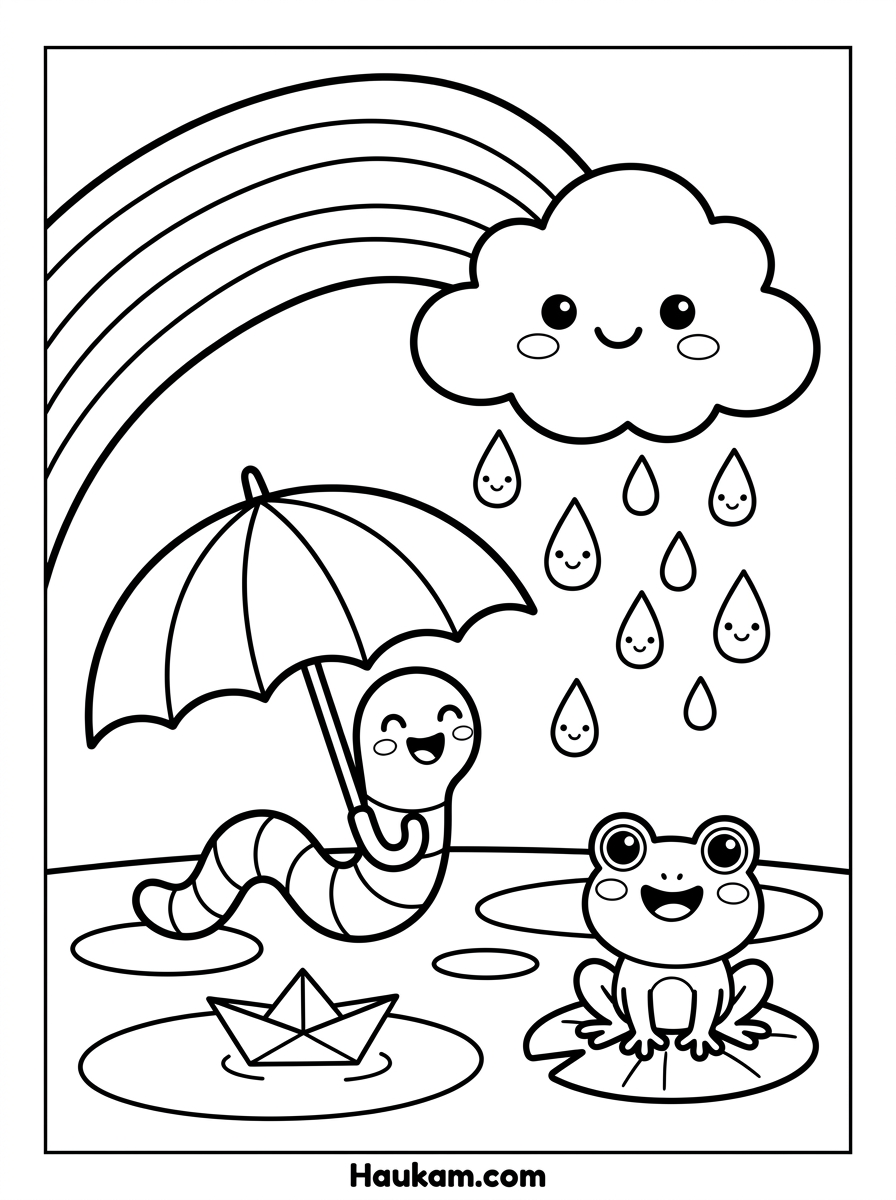 Regenwürmer Ausmalbilder: 5 kostenlose Motive für Kinder 3 Regenwürmer Ausmalbilder mit Regenschirm: Willi steht im Regen, dazu lächelnde Wolke, Pfützen, Frosch und Regenbogen, einfache Malvorlage für Kinder in Schwarz-Weiß