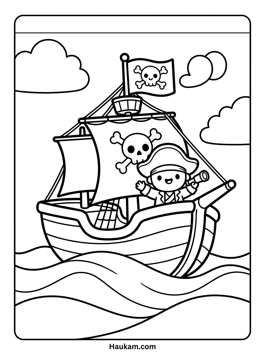 Schatzsuche Ausmalbilder: 5 Gratis Malvorlagen für Kinder 3 Ausmalbild fröhliches Piratenschiff mit Flagge und Kapitän für Kinder