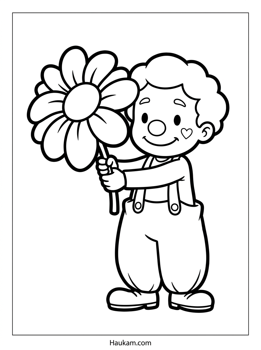 Ausmal Clown Kostenlos: 5 süße Ausmalbilder zum Ausdrucken 4 Ausmal Clown Vorlage: Clown hält eine große Blume in der Hand