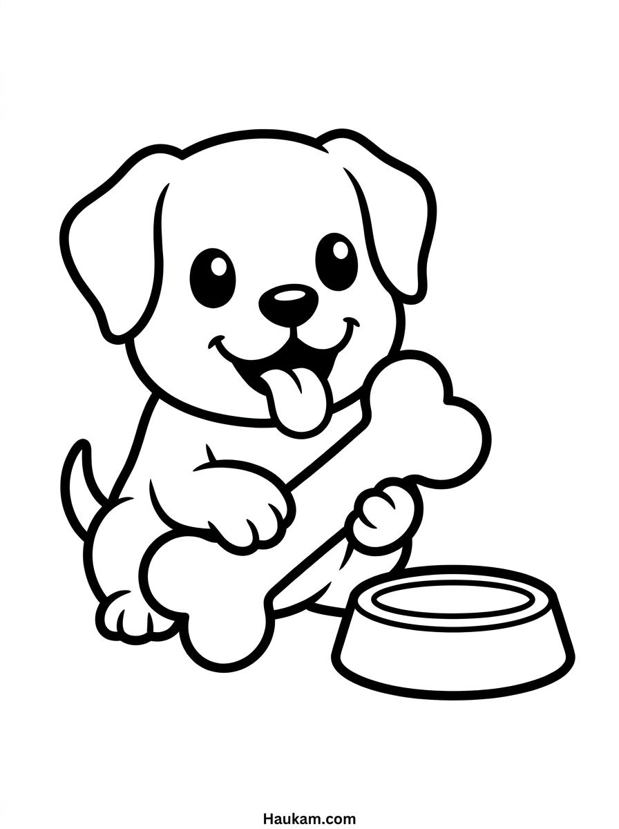Hunde Ausmalbilder zum Ausdrucken: süße Motive für Kinder 4 Hunde Ausmalbilder Hund mit Knochen und Futternapf zum Ausmalen