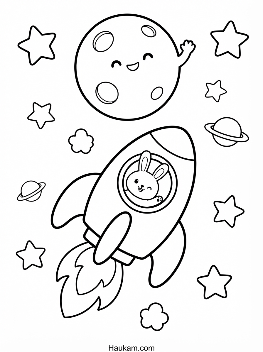 Mond Ausmalbilder für Kinder: 5 süße Motive zum Ausdrucken 4 Mond Ausmalbilder niedliche Rakete mit winkendem Häschen fliegt zum lächelnden Mond, mit Sternen und Ringplaneten