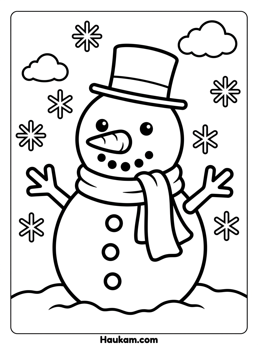 Wetter Ausmalbilder für Kinder: 5 Malvorlagen zum Ausdrucken 4 Ausmalbild Schneemann mit Schal, Zylinder und Schneeflocken im süßen Chibi-Stil für Kinder