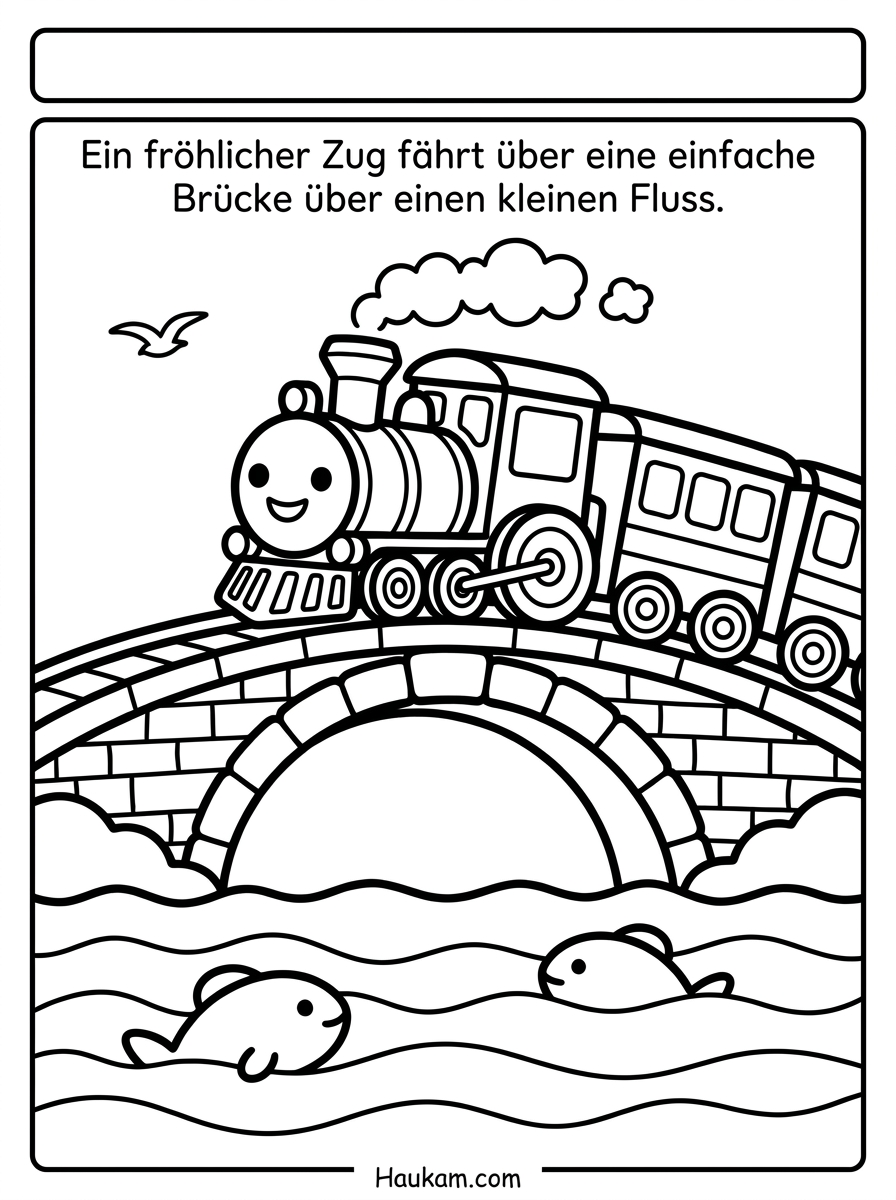 Eisenbahn Ausmalbilder zum Ausdrucken – Dampflok, Bahnhof & mehr 4 Eisenbahn Ausmalbilder gratis – Zug überquert Brücke über einen Fluss, ruhige Malvorlage für Kinder