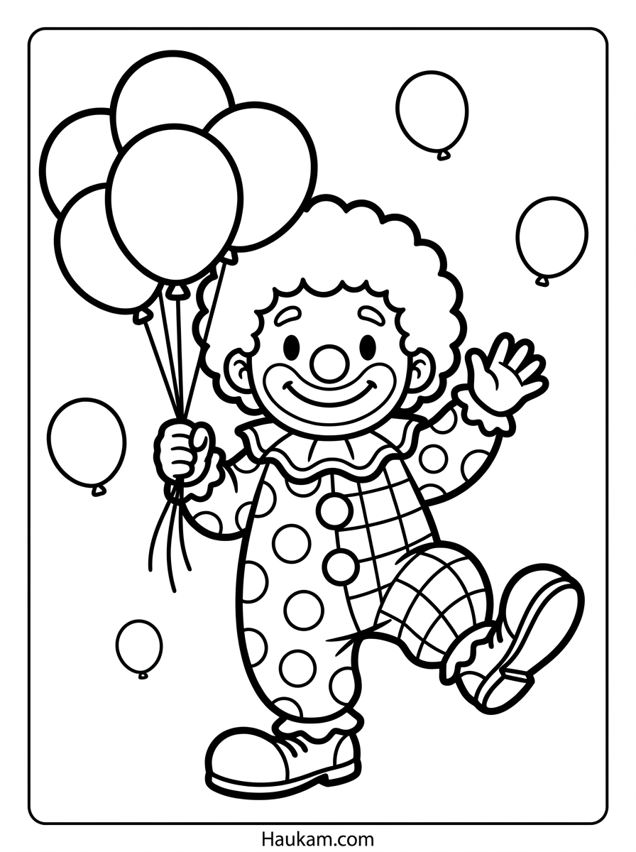 Ausmalbilder Zirkus für Kinder: 5 Kostenlose Malvorlagen 4 Ausmalbild Zirkusclown mit bunten Luftballons, kostenlose Malvorlage für Kinder im Chibi-Design