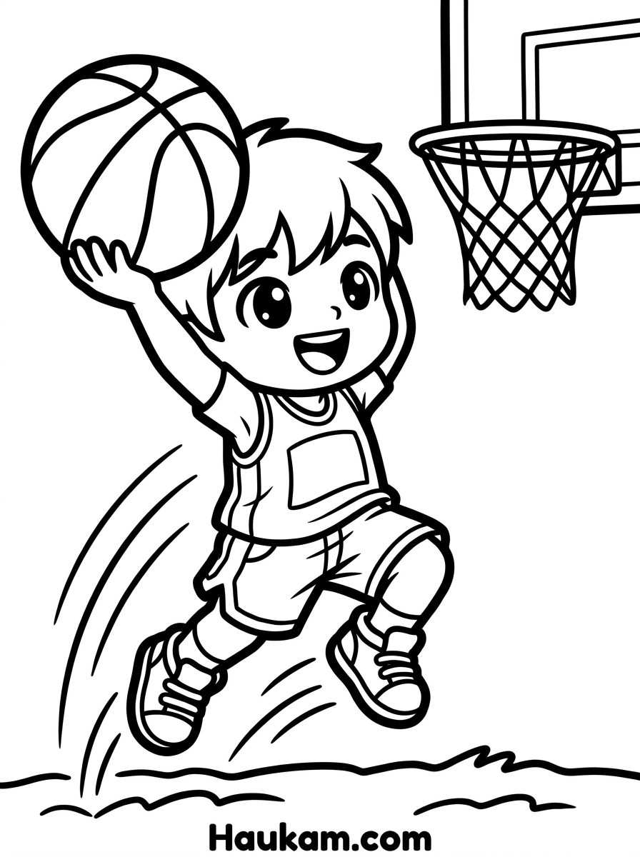 Sport Ausmalbilder für Kinder: Fünf kostenlose Malvorlagen 4 Sport Ausmalbilder Basketball: springendes Kind mit Ball zum Ausmalen