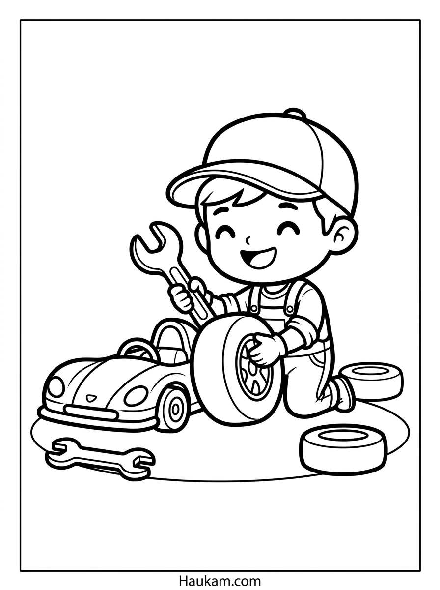 Formel 1 Ausmalbilder für Kinder: 5 Motive gratis 4 Formel 1 Ausmalbilder: niedliche Mechaniker-Figur beim Reifenwechsel am Rennwagen zum Ausmalen