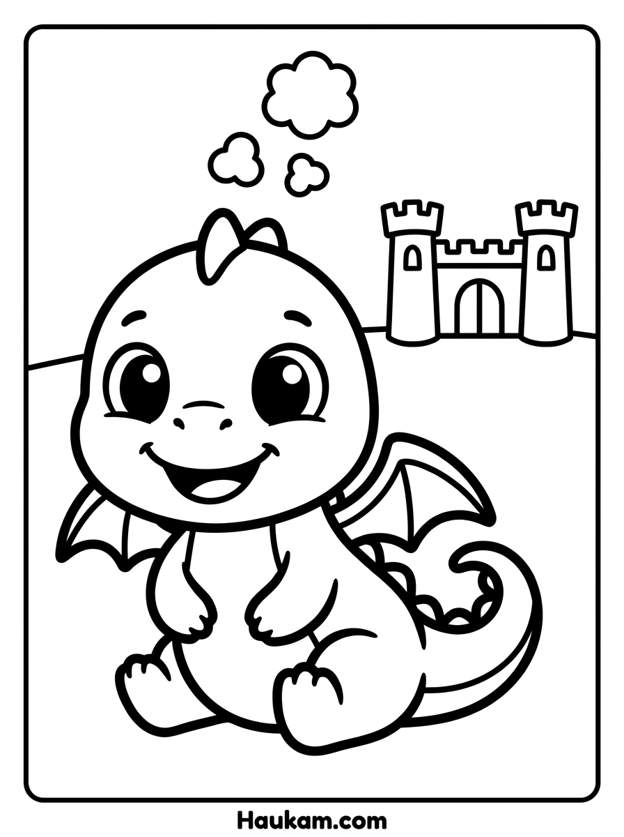 Kostenlose Burgen Ausmalbilder: Ritter, Prinzessin & Drache 4 Niedliches Drachen Ausmalbild vor einer Burg für kleine Kinder