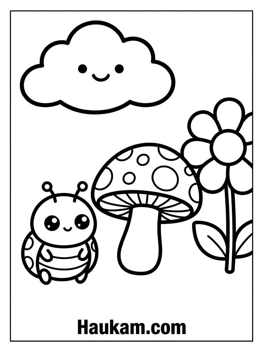 Käfer Ausmalbilder zum Ausdrucken – 5 Malvorlagen für Kinder 4 Käfer Ausmalbilder Gartenkäfer für Kinder – Malvorlage mit Käfer neben Pilz und Blume, dicke Konturlinien, schwarz-weiß zum Ausdrucken