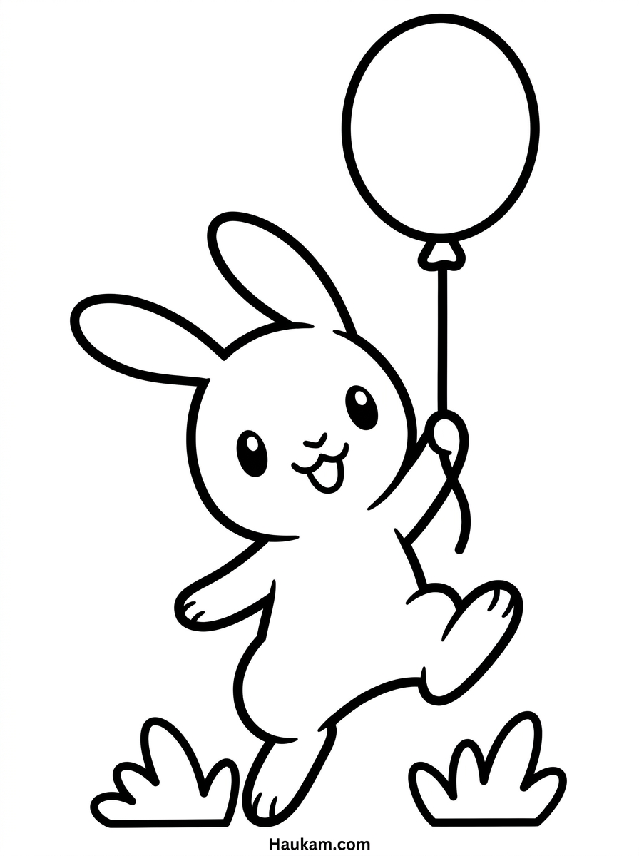 Kaninchen Ausmalbilder zum Ausdrucken (Chibi-Stil) 4 Kaninchen Ausmalbilder mit Luftballon – tanzendes Häschen hält einen großen Ballon, fröhliche Malvorlage für Kindergeburtstag