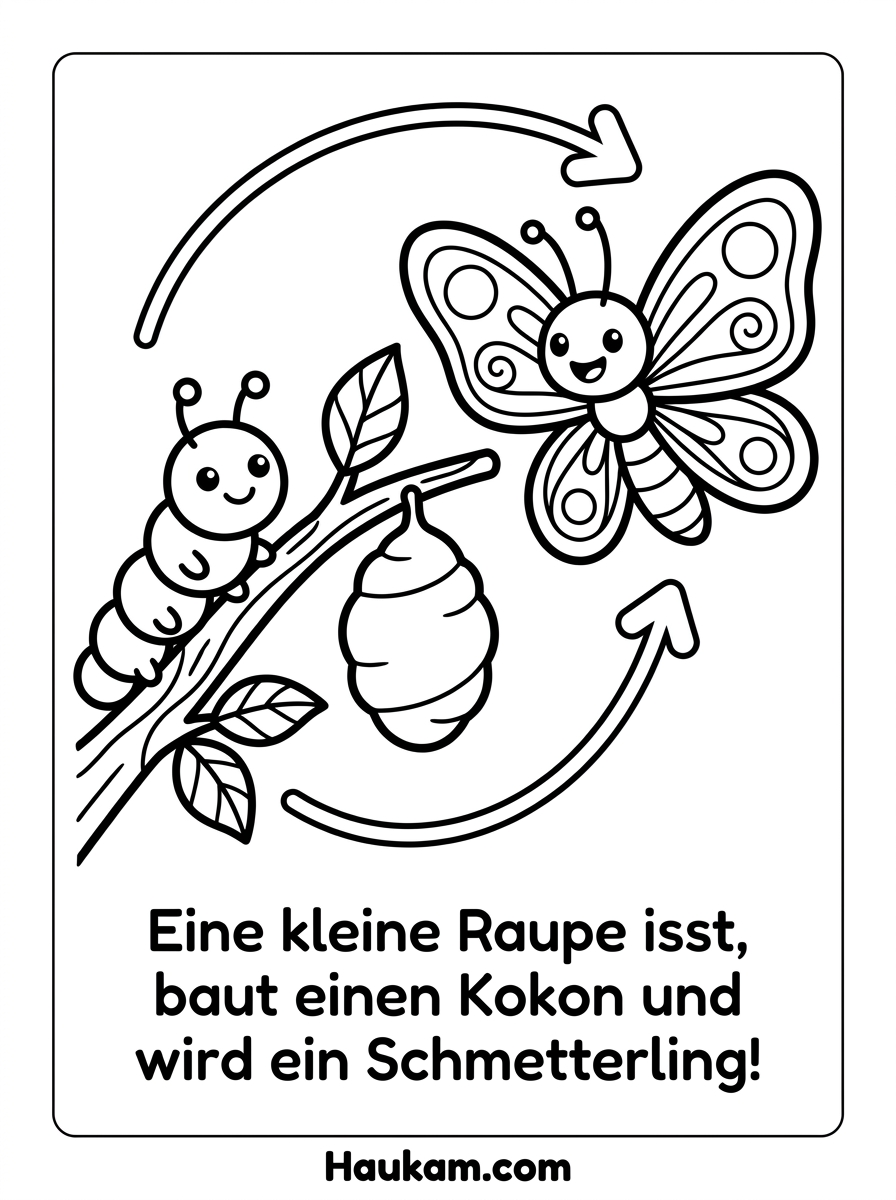 Raupen Ausmalbilder: 5 kostenlose Malvorlagen für Kinder 4 Raupen Ausmalbilder – Verwandlung von der Raupe über den Kokon zum Schmetterling