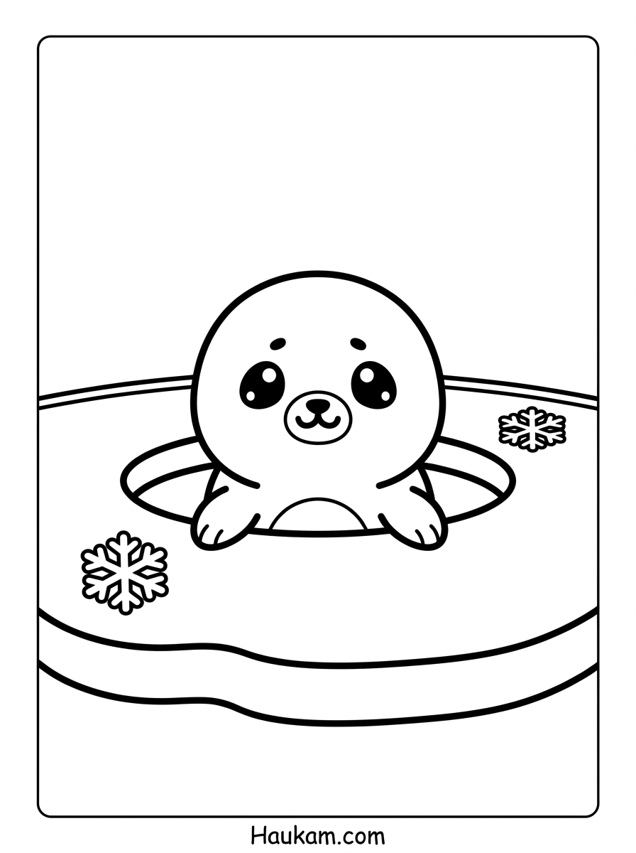 Arktis Ausmalbilder: Eisbär, Robbe & Narwal zum Ausmalen 4 Arktis Ausmalbilder Robbe im Eisloch – niedliche Malvorlage für Kinder