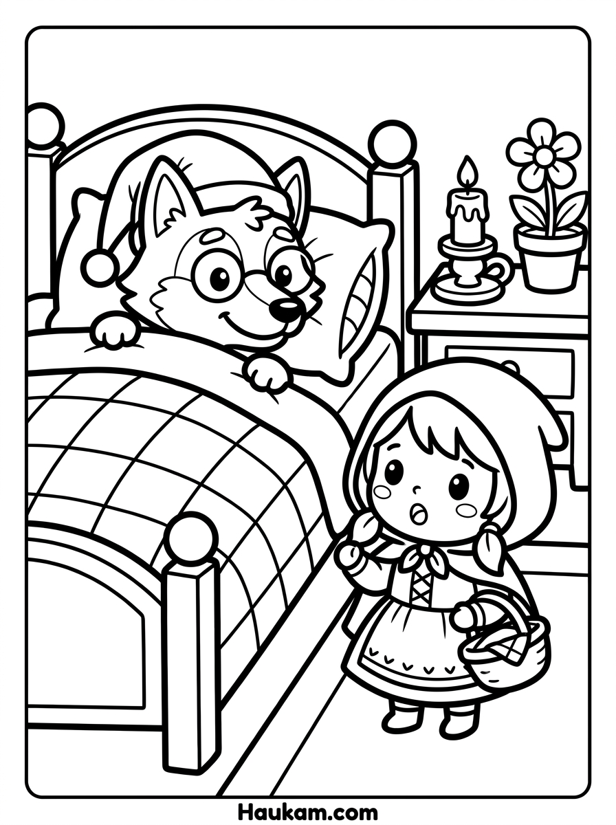 Rotkäppchen Ausmalbilder zum Ausdrucken – Für Kinder 4 Rotkäppchen Ausmalbilder – Szene im Schlafzimmer mit verkleidetem Wolf