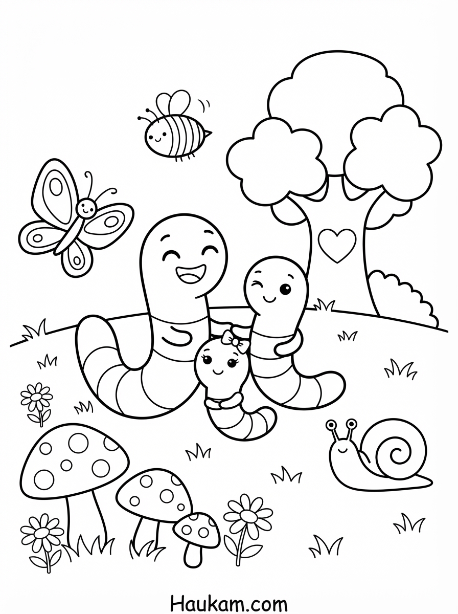 Regenwürmer Ausmalbilder: 5 kostenlose Motive für Kinder 4 Ausmalbild drei Regenwürmer halten sich an den Händen, umgeben von Schmetterling, Schnecke, Biene und Pilzen, Chibi-Malvorlage zum Thema Freundschaft für Kinder