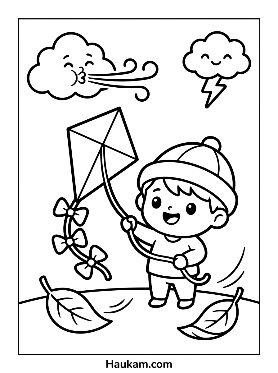 Wetter Ausmalbilder für Kinder: 5 Malvorlagen zum Ausdrucken 5 Wetter Ausmalbilder Malvorlage Kind mit Drachen, Windwolke und kleinem freundlichen Gewitter im Chibi-Stil