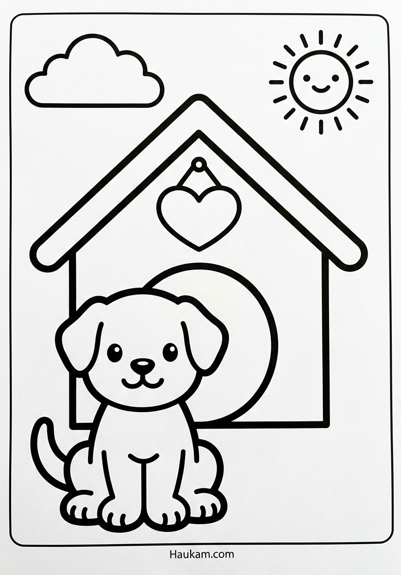 Hunde Ausmalbilder zum Ausdrucken: süße Motive für Kinder 5 Hunde Ausmalbilder Hund vor Hundehütte mit Namensschild – Malvorlage für Kinder