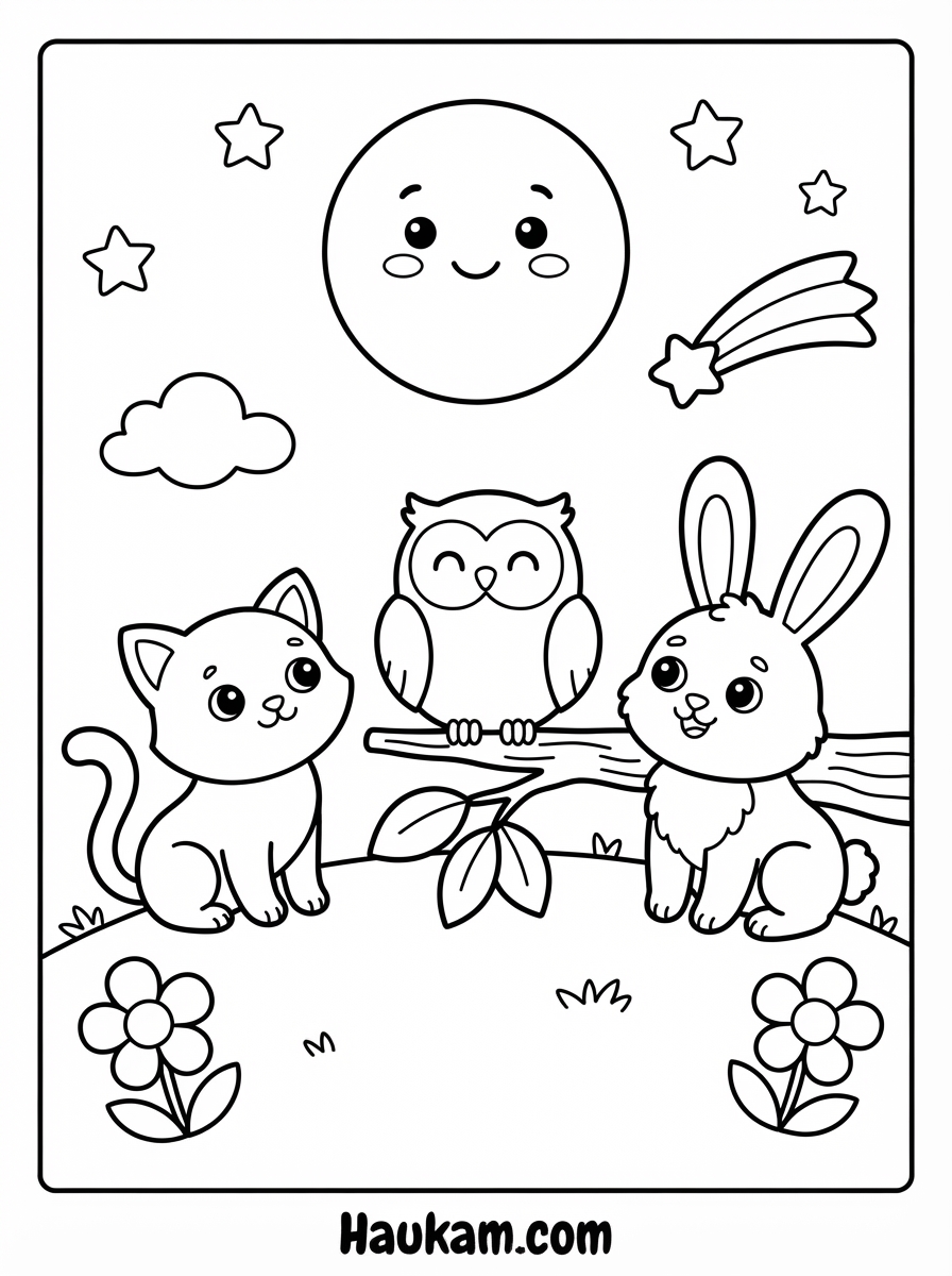 Mond Ausmalbilder für Kinder: 5 süße Motive zum Ausdrucken 5 Mond Ausmalbilder Vollmond mit Kätzchen, Eule und Häschen auf einem Hügel, dazu Sternschnuppe und Blumen im Chibi-Stil