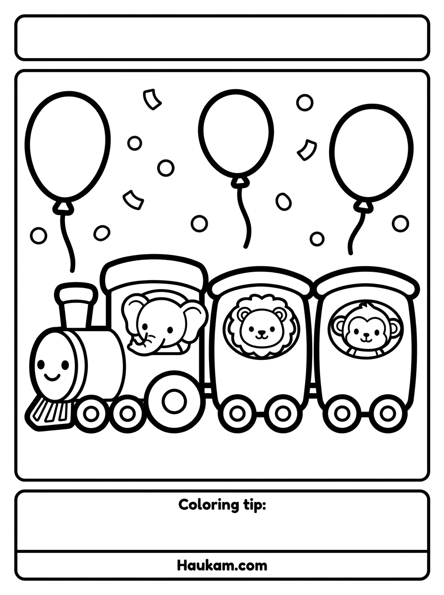 Eisenbahn Ausmalbilder zum Ausdrucken – Dampflok, Bahnhof & mehr 5 Eisenbahn Ausmalbilder Zirkuszug – bunter Zug mit Elefant, Löwe und Affe zum Ausmalen für Kinder