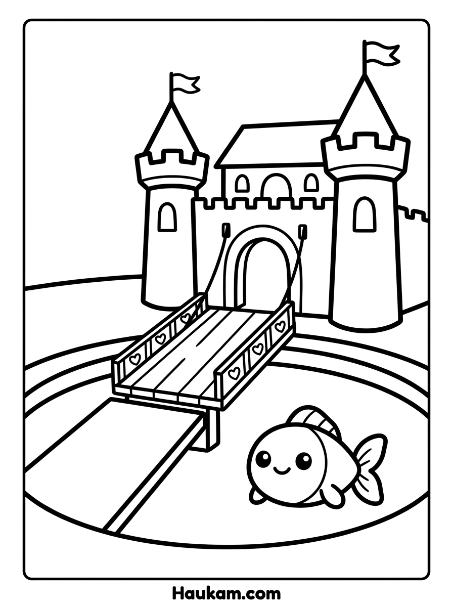 Kostenlose Burgen Ausmalbilder: Ritter, Prinzessin & Drache 5 Burgen Ausmalbilder mit Zugbrücke, Burggraben und kleinem Fisch für Kinder