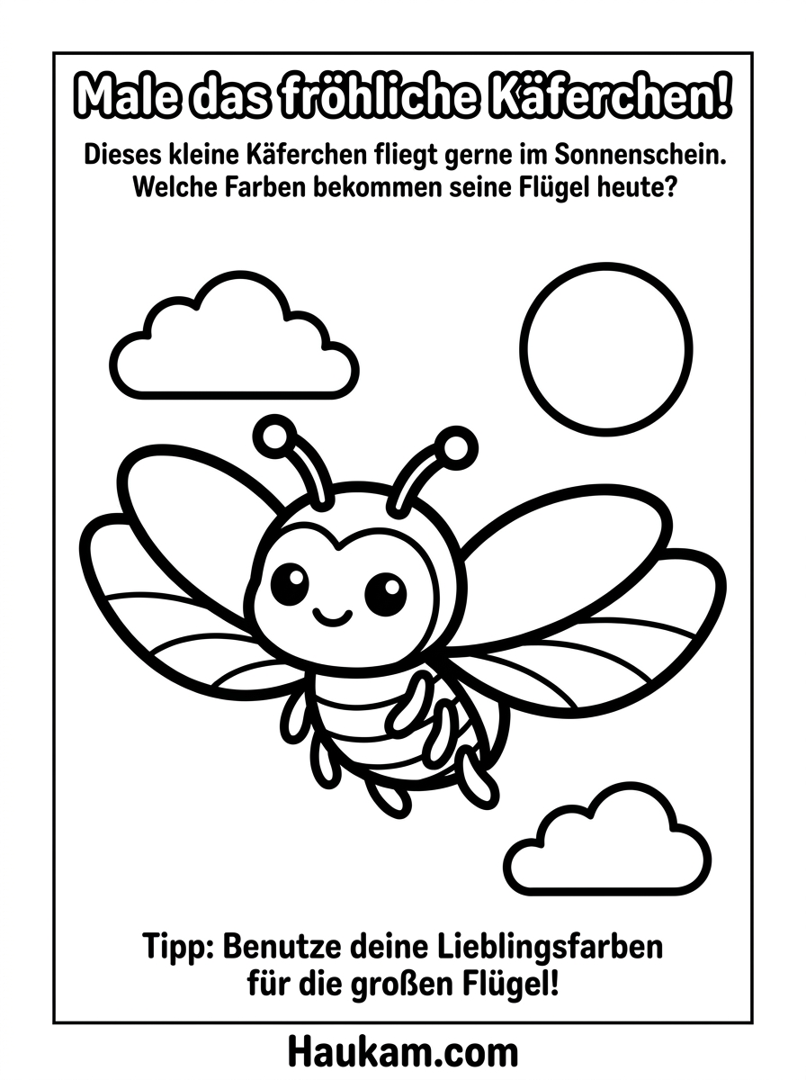 Käfer Ausmalbilder zum Ausdrucken – 5 Malvorlagen für Kinder 5 Käfer Ausmalbilder fliegender Käfer für Kinder – Malvorlage mit Käfer im Flug zwischen Wolken und Sonne, dicke Konturlinien, schwarz-weiß zum Ausdrucken