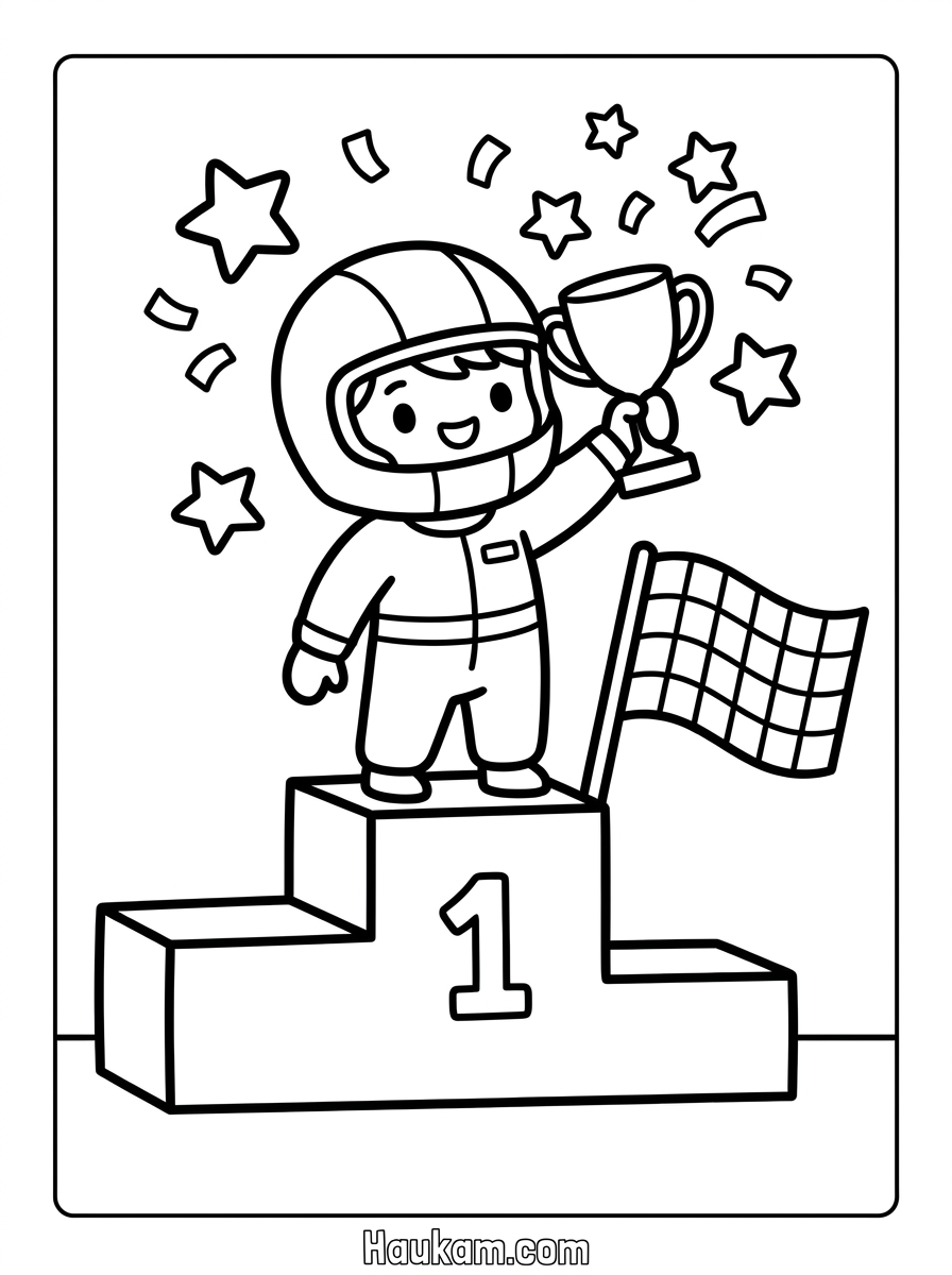 Formel 1 Ausmalbilder für Kinder: 5 Motive gratis 5 Formel 1 Ausmalbilder: Rennwagen auf dem Siegerpodest mit Sternen und Konfetti zum Ausmalen