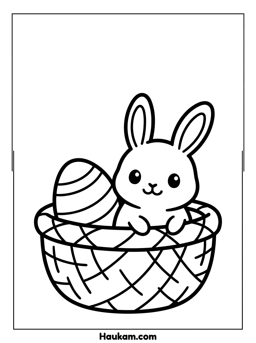 Hasen Ausmalbilder für Kinder: 5 kostenlose Vorlagen 5 Hasen Ausmalbilder für Kinder – Hase sitzt im Osterkorb mit Osterei zum Ausmalen