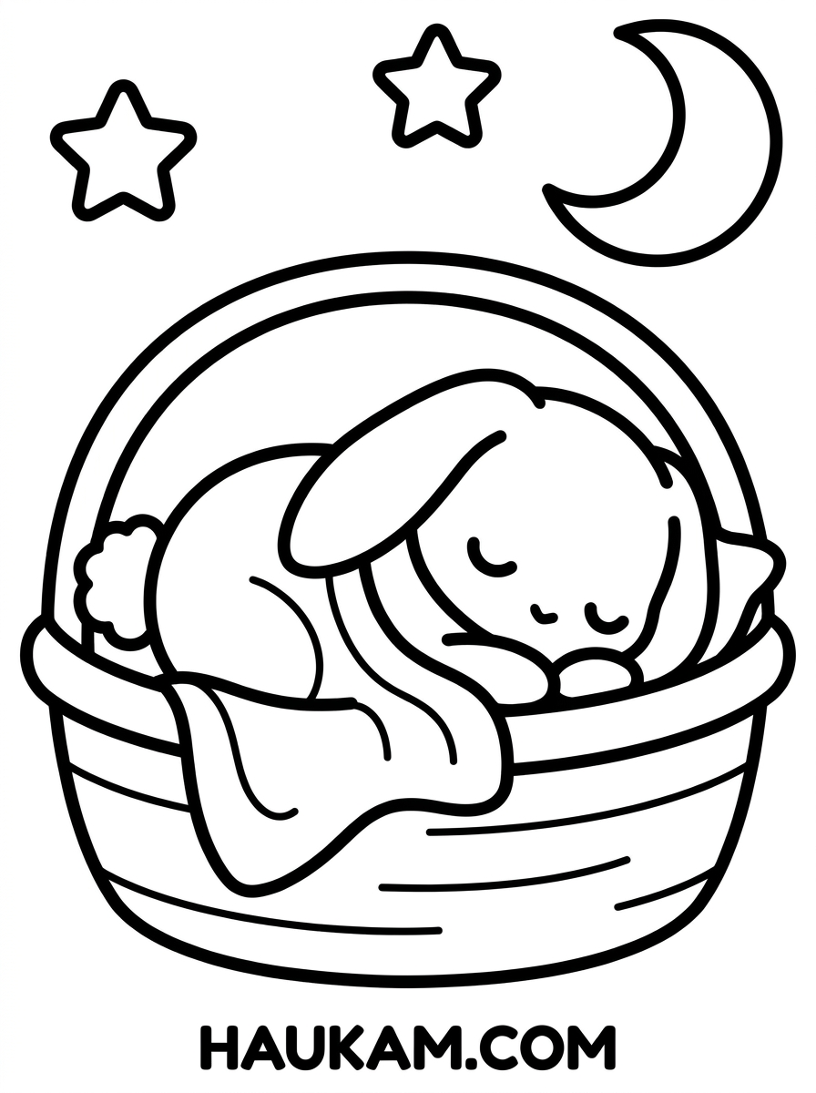 Kaninchen Ausmalbilder zum Ausdrucken (Chibi-Stil) 5 Kaninchen Ausmalbilder Gute Nacht – schlafendes Häschen im Körbchen unter Sternenhimmel, ruhige Malvorlage für Kinder