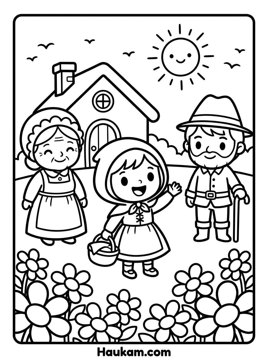 Rotkäppchen Ausmalbilder zum Ausdrucken – Für Kinder 5 Rotkäppchen Ausmalbilder – glückliches Wiedersehen mit Großmutter und Jäger