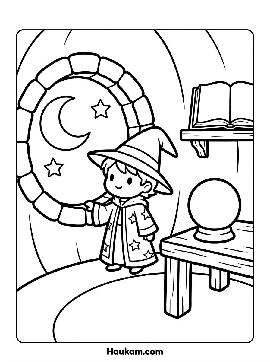 Zauberer Ausmalbilder: 5 kostenlose Malvorlagen zum Ausdrucken 5 Zauberer Ausmalbilder Zauberturm – Chibi-Zauberer mit Kristallkugel am Fenster, Malvorlage für Kinder