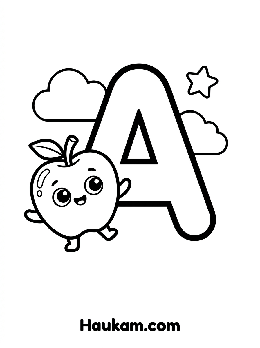 Buchstaben Ausmalbilder zum Ausdrucken (A–E) – Gratis 1 Buchstaben Ausmalbilder A wie Apfel – süße Malvorlage für Kinder zum kostenlosen Ausdrucken