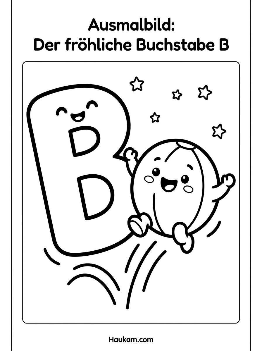 Buchstaben Ausmalbilder zum Ausdrucken (A–E) – Gratis 2 Buchstaben Ausmalbilder B wie Ball – Malvorlage mit hüpfendem Ball für Kinder