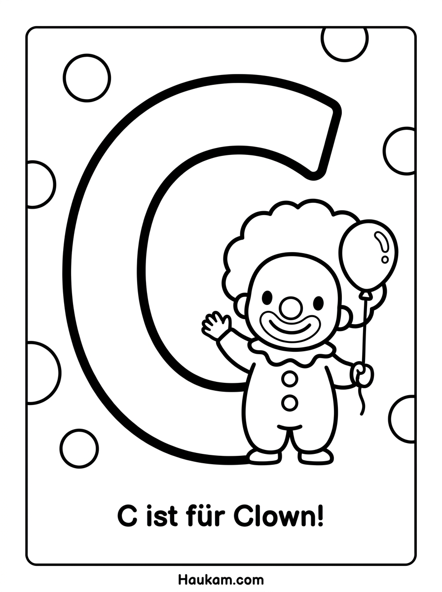 Buchstaben Ausmalbilder zum Ausdrucken (A–E) – Gratis 3 Buchstaben Ausmalbilder C wie Clown – fröhliche Malvorlage mit Luftballon für Kinder