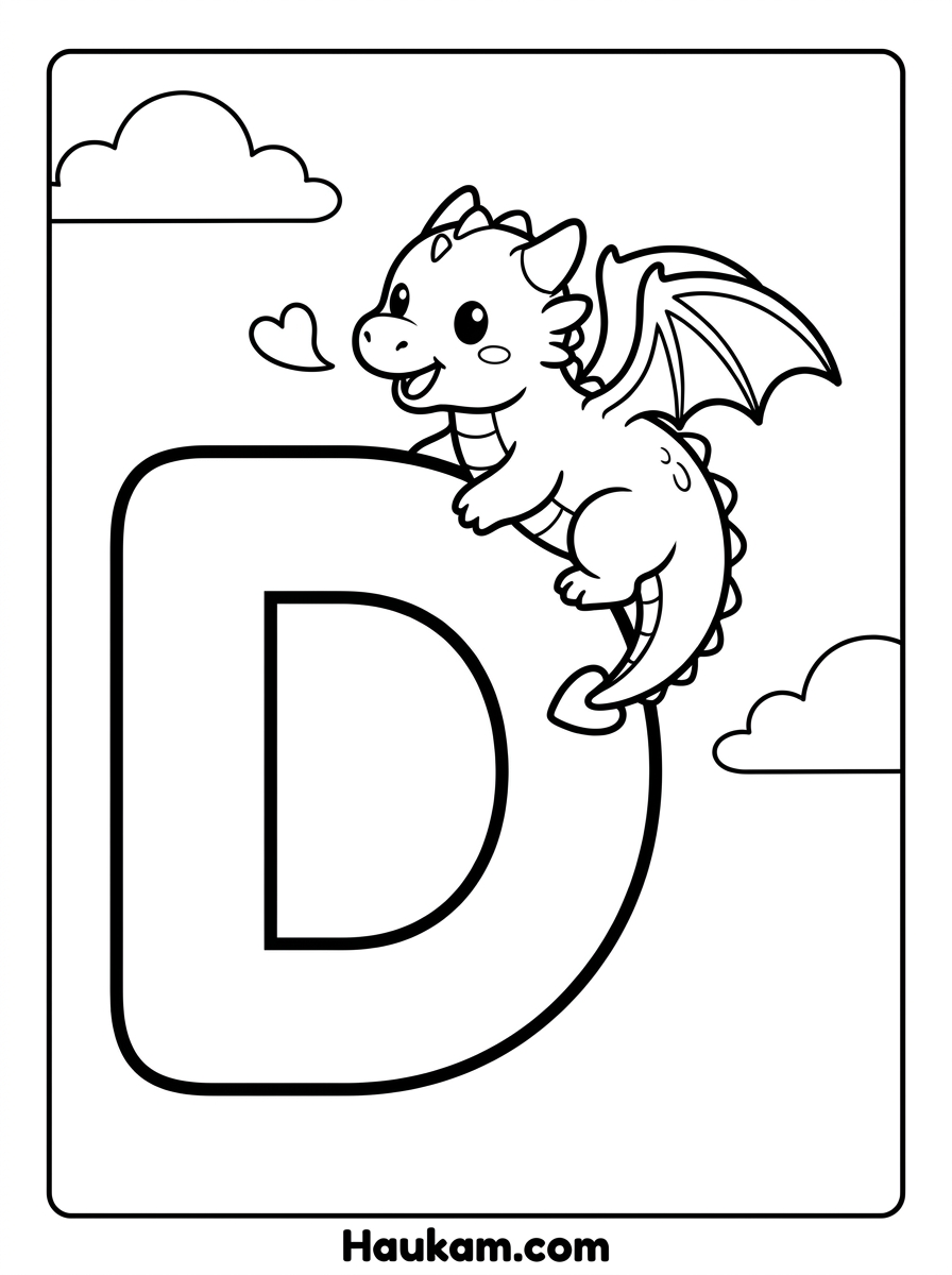 Buchstaben Ausmalbilder zum Ausdrucken (A–E) – Gratis 4 Buchstaben Ausmalbilder D wie Drache – kindgerechte, freundliche Malvorlage ohne gruselige Elemente