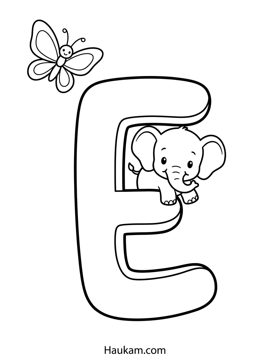 Buchstaben Ausmalbilder zum Ausdrucken (A–E) – Gratis 5 Buchstaben Ausmalbilder E wie Elefant – Malvorlage mit Schmetterling für Kinder