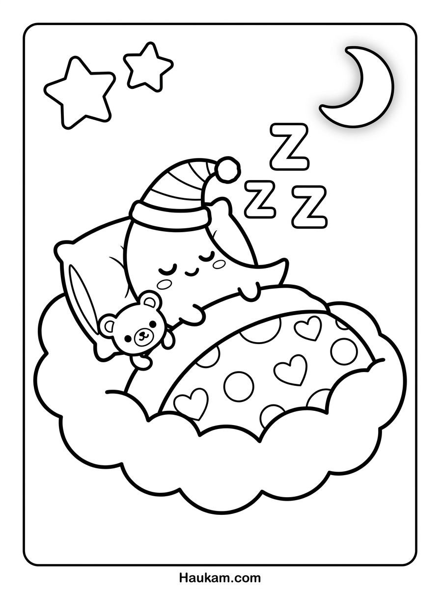 Mond Ausmalbilder für Kinder: 5 süße Motive zum Ausdrucken 3 Mond Ausmalbilder schlafender Halbmond im Wolkenbett mit Teddybär und Z-Buchstaben, dicke Konturen für Kinder