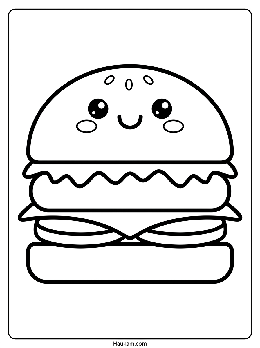 Lieblingsessen Ausmalbilder für Kinder – Pizza, Burger & Eis kostenlos 3 Ausmalbild Lieblingsessen Kinder – Chibi-Hamburger mit lachendem Gesicht, Salatschicht, Käse und Tomaten, schwarzweiße Malvorlage mit dicken Konturen zum Ausdrucken