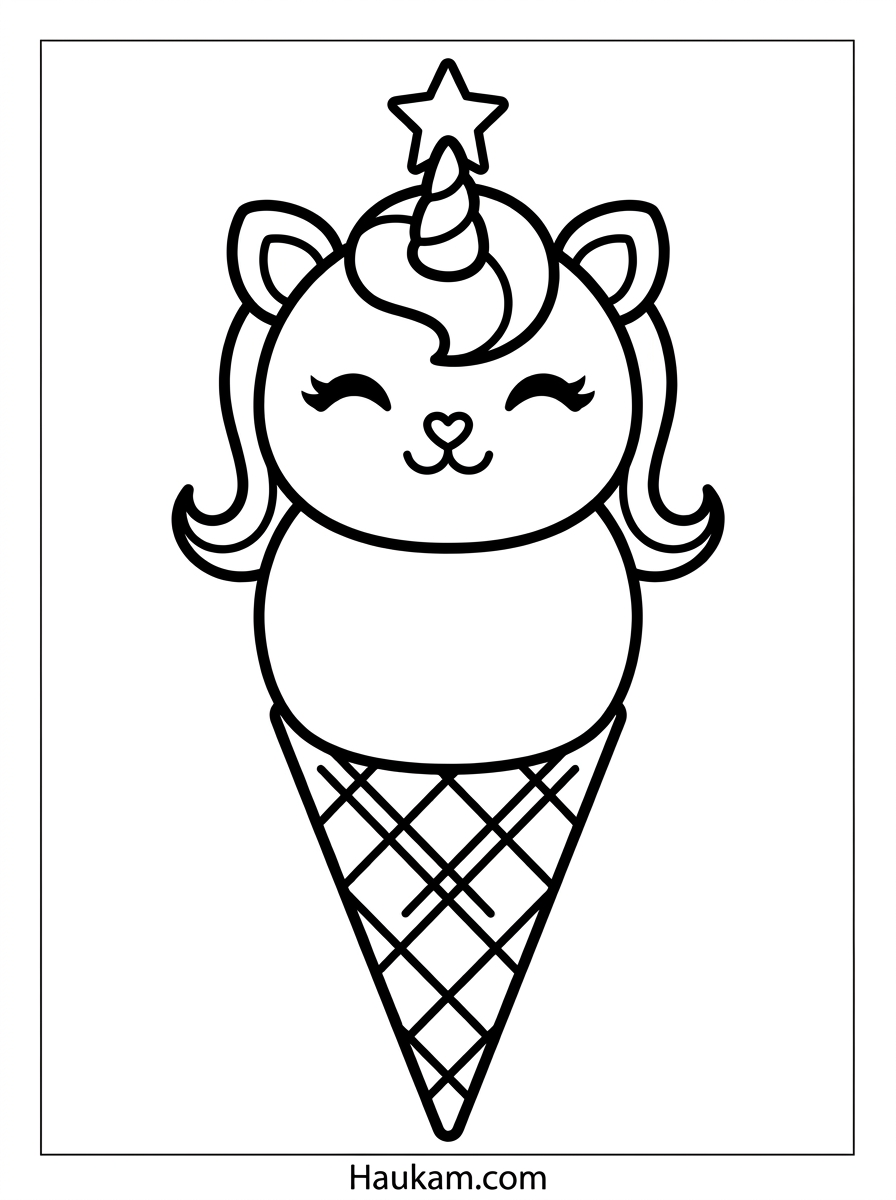 Lieblingsessen Ausmalbilder für Kinder – Pizza, Burger & Eis kostenlos 4 Malvorlage Lieblingsessen und Einhorn für Kinder – Chibi-Eistüte mit Einhorngesicht, Spiralhorn, Wellenmähne und Sternen, schwarzweißes Ausmalbild zum kostenlosen Ausdrucken