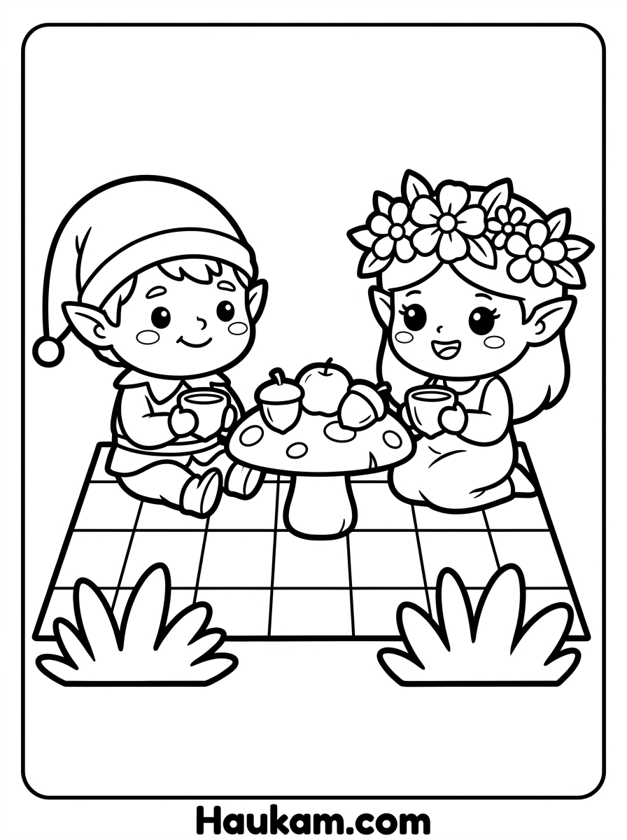 Elfen Ausmalbilder: 5 Magische Malvorlagen für Kinder 4 Elfen Ausmalbilder Zwei kleine Elfen sitzen auf einer karierten Picknickdecke an einem kleinen Pilztisch und teilen sich ein Essen.
