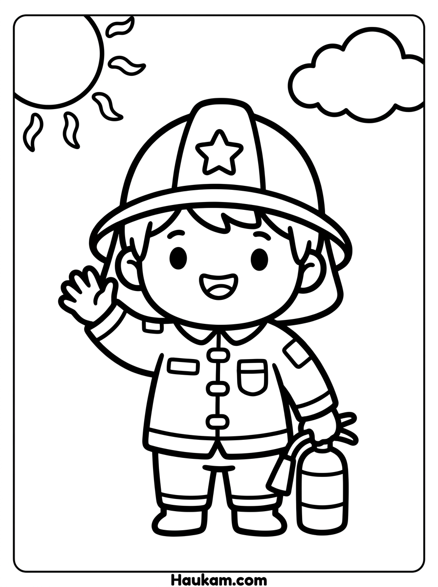 Feuerwehrmann Ausmalbilder kostenlos | Malvorlagen für Kids 1 Feuerwehrmann Ausmalbilder für Kinder – freundlicher Feuerwehrmann mit Helm winkt fröhlich, Chibi-Stil