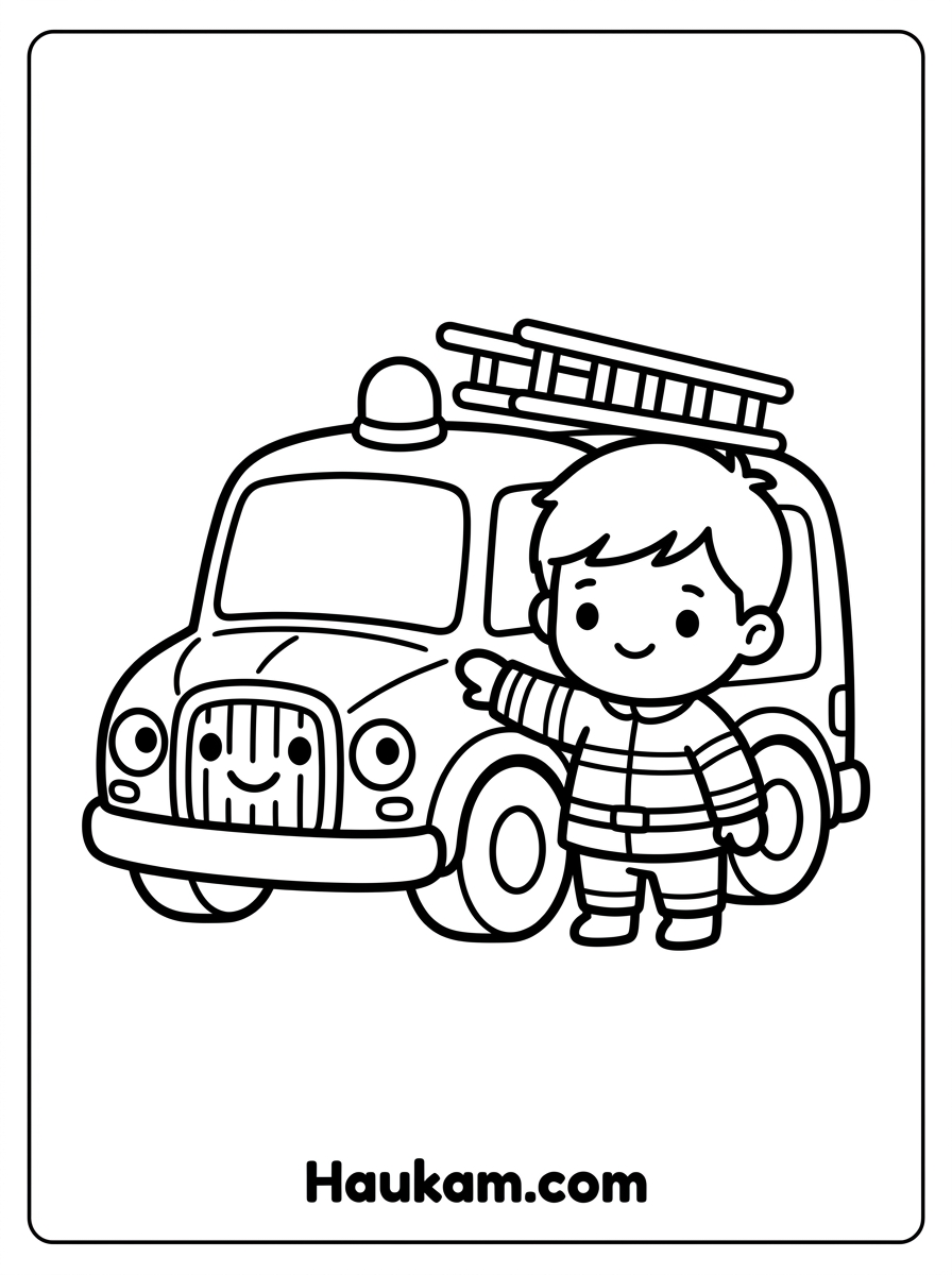Feuerwehrmann Ausmalbilder kostenlos | Malvorlagen für Kids 2 Feuerwehrmann Ausmalbilder mit niedlichem Feuerwehrauto zum Ausmalen für Kinder