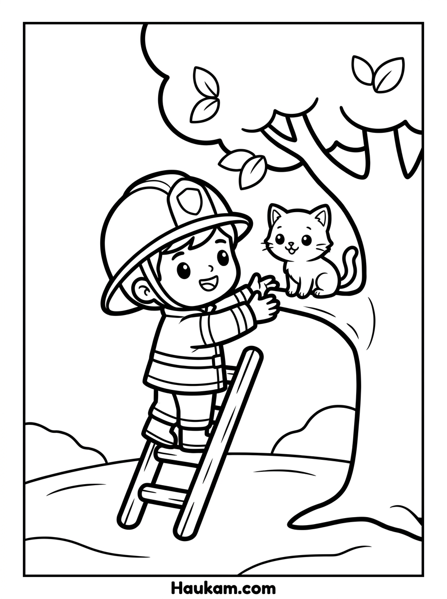 Feuerwehrmann Ausmalbilder kostenlos | Malvorlagen für Kids 3 Feuerwehrmann Ausmalbilder – Feuerwehrmann rettet kleine Katze von einem Baum, kindgerechte Malvorlage