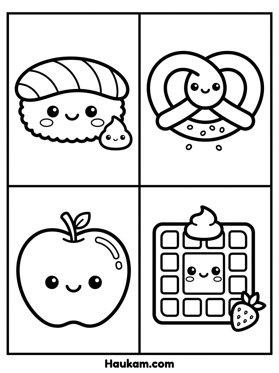 Lieblingsessen Ausmalbilder für Kinder – Pizza, Burger & Eis kostenlos 5 Lieblingsessen Ausmalbilder Sammlung für Kinder – vier süße Chibi-Charaktere auf einer Seite: Sushi, Brezel, Apfel und Waffel, schwarzweiße Malvorlage mit Freizeichenfeld zum Ausdrucken