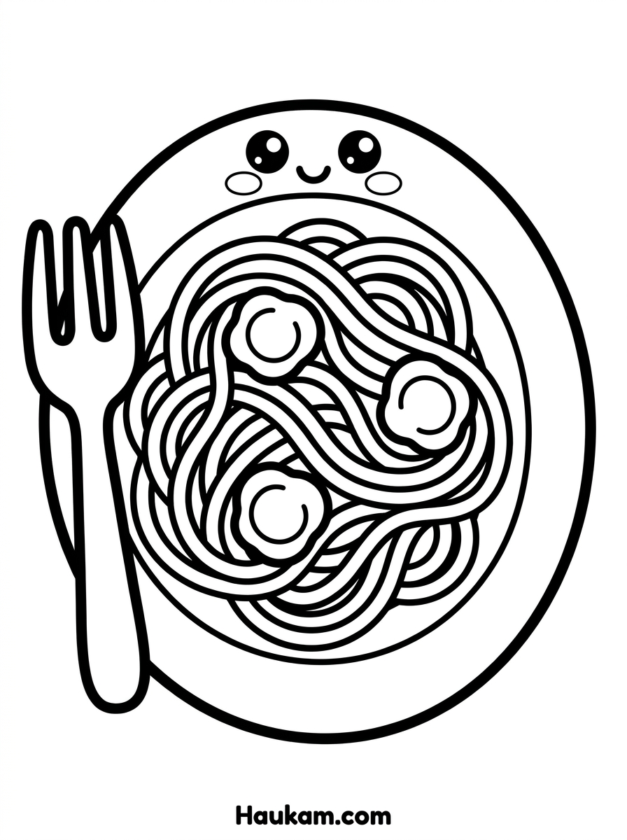 Lieblingsessen Ausmalbilder für Kinder – Pizza, Burger & Eis kostenlos 2 Kostenlose Malvorlage Lieblingsessen – Chibi-Spaghetti-Teller mit lächelndem Gesicht, geschwungenen Nudeln und Tomatensauce, schwarzweiße Ausmalbild für Kinder